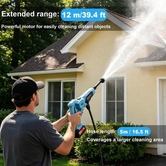 Alt view image 4 of 6 - Cordless Portable Washer 21V, 1700PSI Portable Power Washer with 5M Hose & 6-in-1 Nozzle, 2×3.0Ah Battery, Up to 40 Minutes Runtime, Spray Distance 12M for Car Home Outdoor Patio Garden