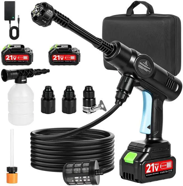 Main image of Cordless Portable Washer Gun 21V, 1160PS/80bar100 Portable Power Washer with 5M Hose & 6-in-1 Nozzle, 2×3.0Ah Battery, Up to 40 Minutes Runtime, Spray Distance 10M for Car Home Outdoor Patio Garden