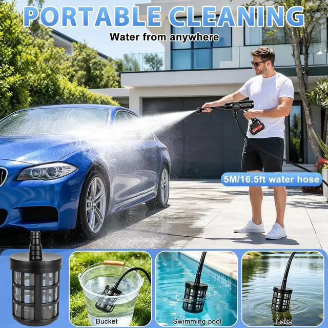 Alt view image 5 of 6 - Cordless Portable Washer Gun 21V, 1160PS/80bar100 Portable Power Washer with 5M Hose & 6-in-1 Nozzle, 2×3.0Ah Battery, Up to 40 Minutes Runtime, Spray Distance 10M for Car Home Outdoor Patio Garden