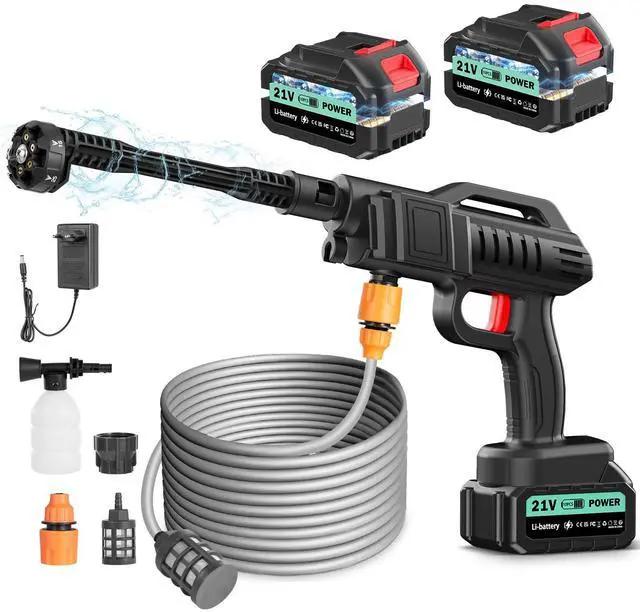 Main image of Cordless Portable Washer, 100Bar/1450 PSI Handheld Washer with Foam Pot, Cleaner with 5m Elastic Hose, 6-in-1 Nozzle, Battery Operated Washer for Car Home Outdoor Patio Garden