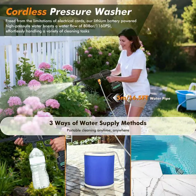 Alt view image 5 of 6 - Cordless Portable Washer, 100Bar/1450 PSI Handheld Washer with Foam Pot, Cleaner with 5m Elastic Hose, 6-in-1 Nozzle, Battery Operated Washer for Car Home Outdoor Patio Garden