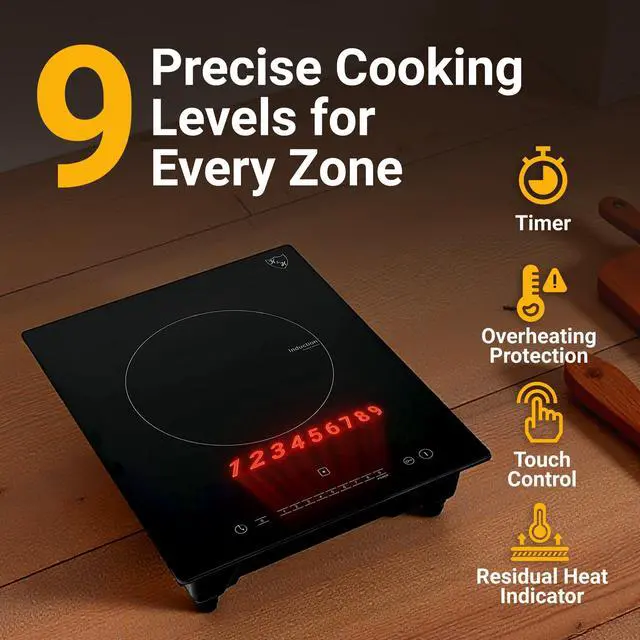 Alt view image 4 of 6 - Single Induction Cooktop - Built-In Electric Stove Top with 9 Heating Levels - 120V & 1800W Built-in Single Burner Ceramic Glass Induction Cooktop - Touch Control, Timer & Child Lock, SIN-1801