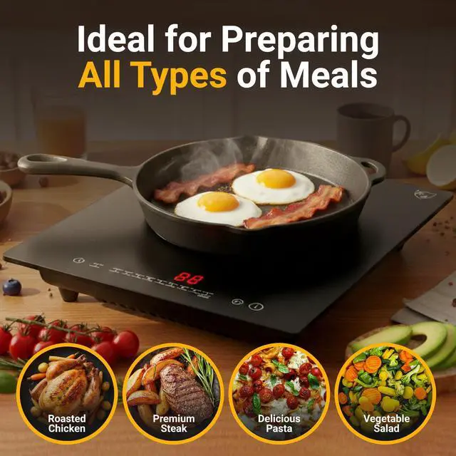 Alt view image 5 of 6 - Single Induction Cooktop - Built-In Electric Stove Top with 9 Heating Levels - 120V & 1800W Built-in Single Burner Ceramic Glass Induction Cooktop - Touch Control, Timer & Child Lock, SIN-1801