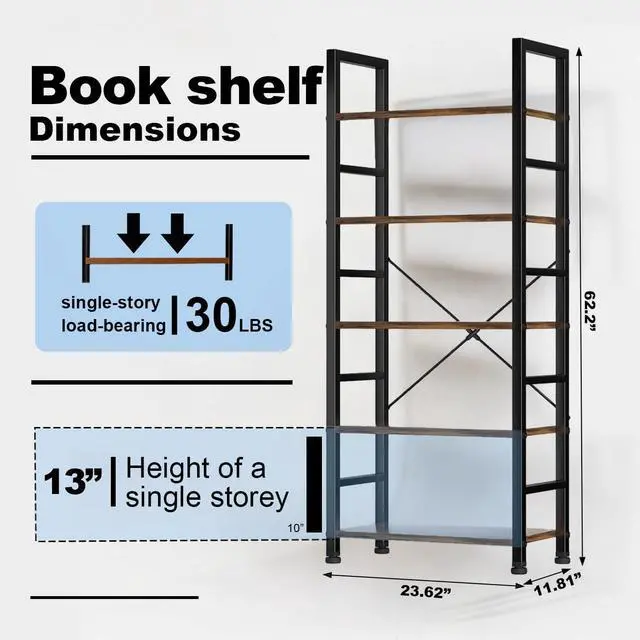 Alt view image 3 of 6 - 5 Tier Bookshelf, 62'' Tall Book Shelf, Free Standing Vintage Book Storage Shelves, Wood Bookcase Organizer for Bedroom, Living Room and Home Office, Vintage