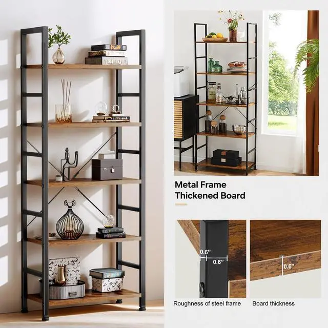 Alt view image 5 of 6 - 5 Tier Bookshelf, 62'' Tall Book Shelf, Free Standing Vintage Book Storage Shelves, Wood Bookcase Organizer for Bedroom, Living Room and Home Office, Vintage
