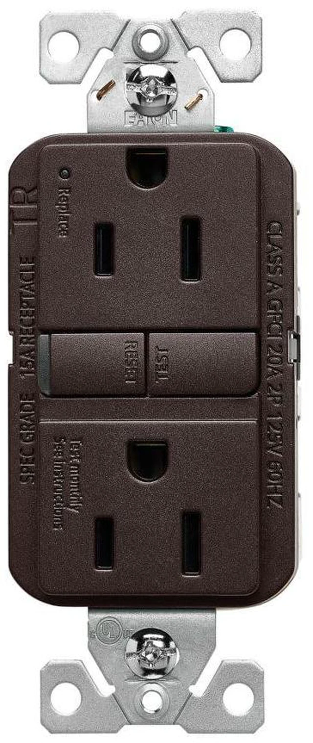 Main image of Tamper Resistant GFCI Receptacle, 15A, 125V, Oil Rubbed Bronze | TRGF15RB-BX-L, Slim Flush Mount, #14 - 10 AWG, Back and Side wire, Self-Test, 2 Pole, 3 Wire, Grounding, NEMA 5-15R