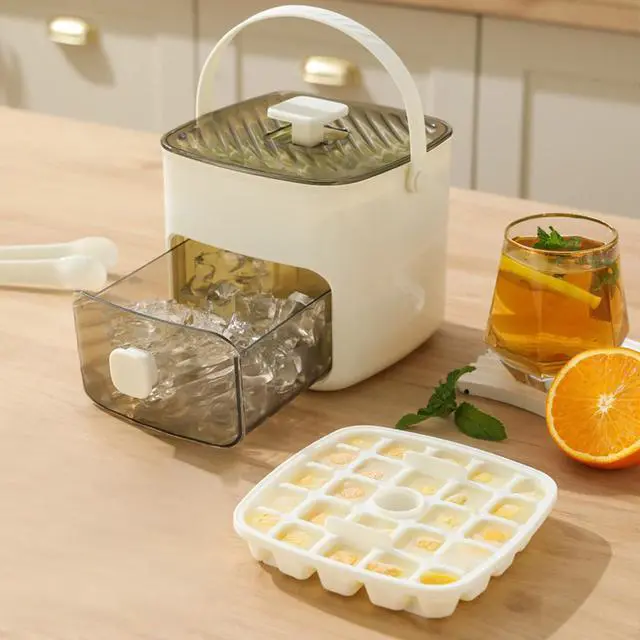 Alt view image 2 of 6 - Countertop Ice Maker Machine with Handle, Push-Type Ice Maker, Household Layer Ice with Drawer, Easy Release Ice Cube Tray with Lid for Freezer, Ice Maker Tray for Fruit Cocktails (White_48 grids)
