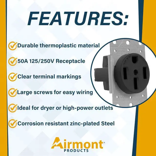 Alt view image 4 of 6 - NEMA 14-50R Receptacle with 2-Gang Wall Plate 50 Amp 125/250V Outlet for EV Chargers, RVs, Dryers UL Listed, 3-Pole 4-Wire, Industrial Grade Socket with Metal Cover, Made in USA