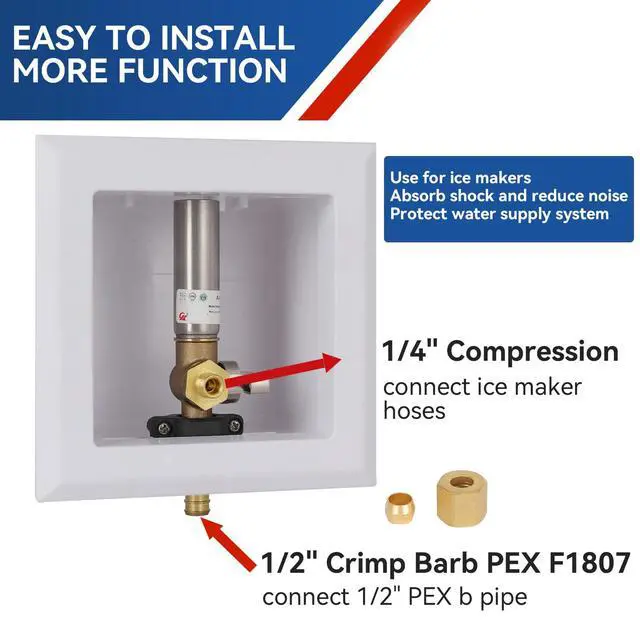 Alt view image 2 of 6 - Icemaker Outlet Box with Water Hammer Arrestor,1/2 Inch Crimp PEX Inlet and 1/4 Inch OD Compression Outlet Connection Ice Maker Boxes,Refrigerator Water Line Kit