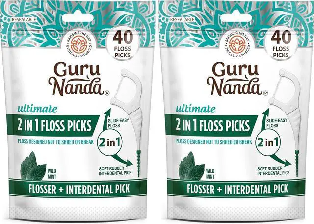 Main image of 2 in 1 Dental Floss Picks - Non-Slip Grip Handle, Slide Easy, No Break or Shred Flosser - Complete Oral Care with Interdental Pick for Healthy Teeth & Gums - Mint Flavor, 40 Count (2 Pack)