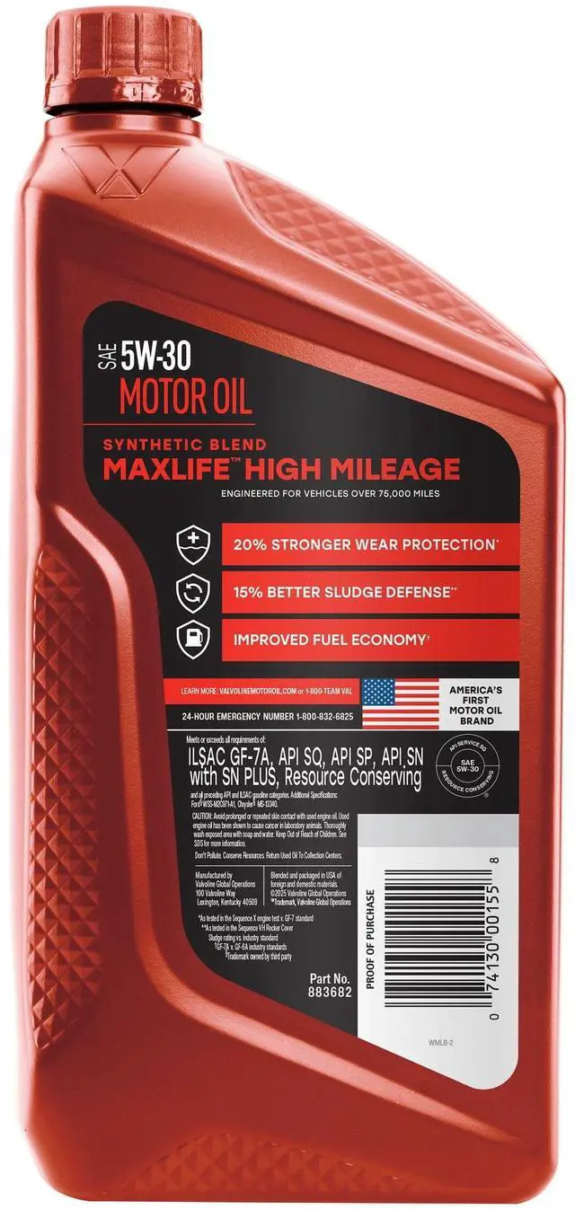Alt view image 3 of 6 - Valvoline MaxLife High Mileage 5W-30 Synthetic Blend Motor Oil 1 Quart