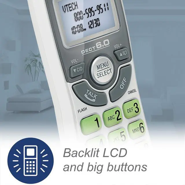 Alt view image 2 of 6 - DECT 6.0 Cordless Phone with Caller ID, White, 1 Handset Home Office Landline Telephone