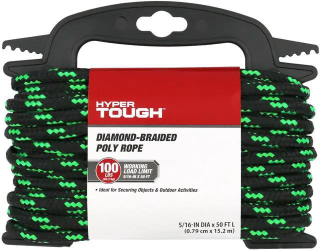 Main image of 5/16" Diamond Braided Polypropylene Rope, 50ft Black Green HeavyDuty Utility Rope
