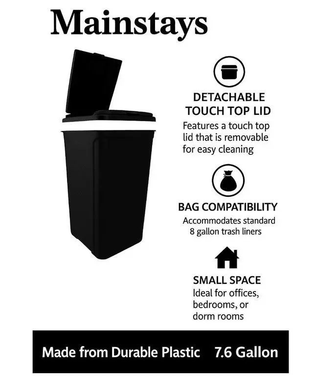 Alt view image 6 of 6 - Mainstays Kitchen Trash Can, 7.6 Gallon Plastic Garbage Bin with Touch Top Lid, Black