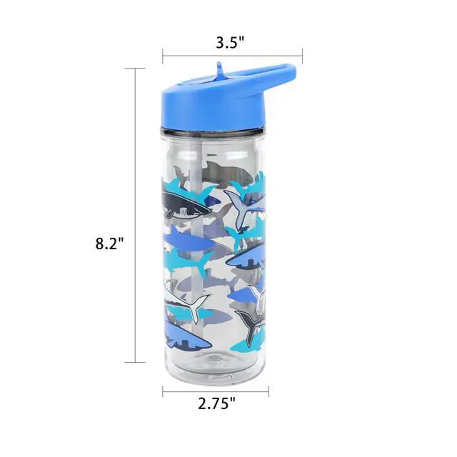 Alt view image 6 of 6 - Your Zone 14-Ounce Plastic Water Bottle with Lid and Straw, Blue Shark, Double Wall Insulated