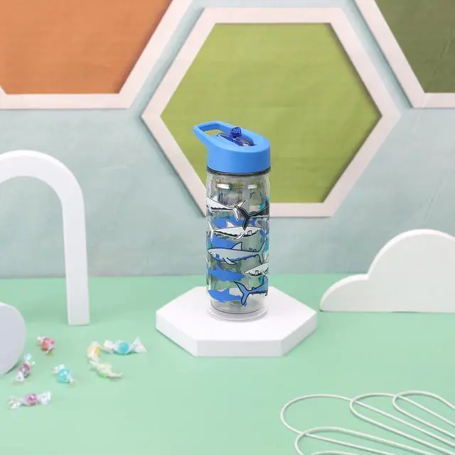 Alt view image 2 of 6 - Your Zone 14-Ounce Plastic Water Bottle with Lid and Straw, Blue Shark, Double Wall Insulated