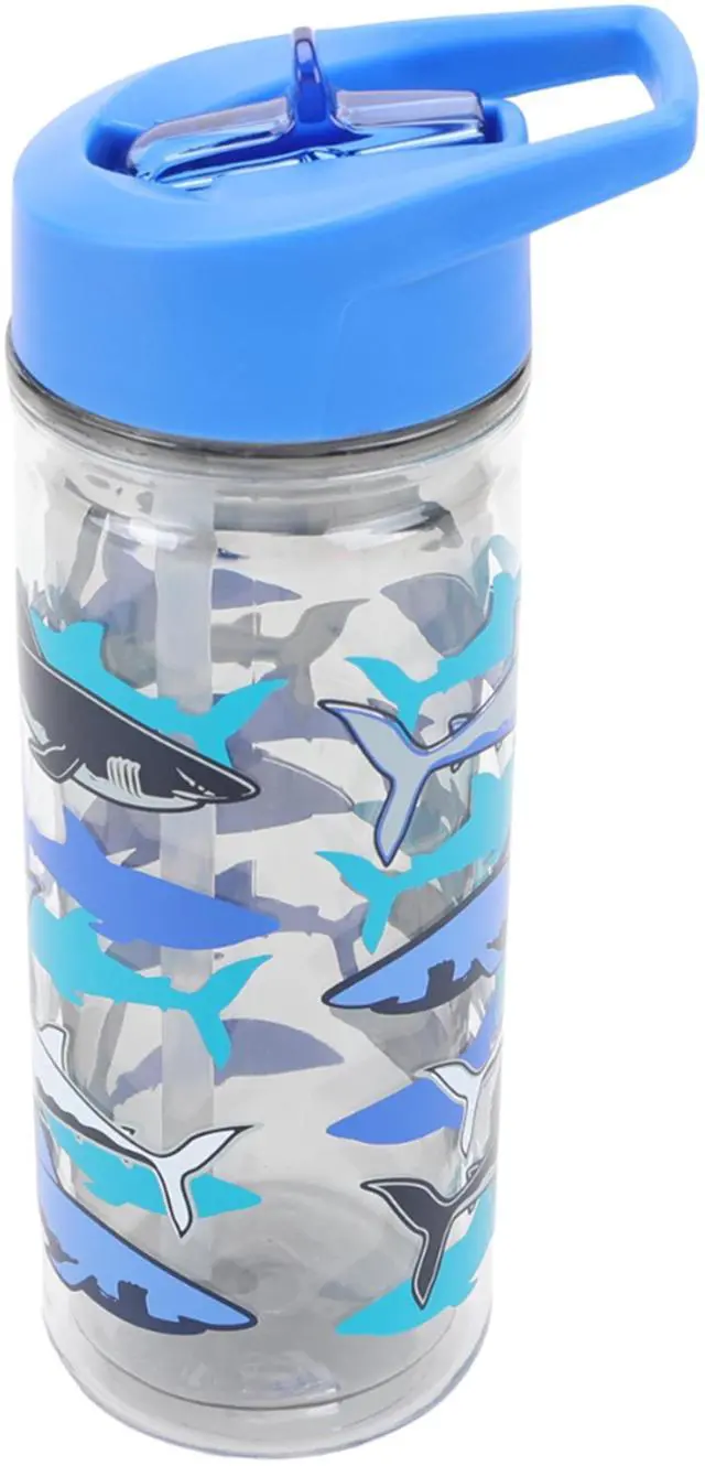 Main image of Your Zone 14-Ounce Plastic Water Bottle with Lid and Straw, Blue Shark, Double Wall Insulated