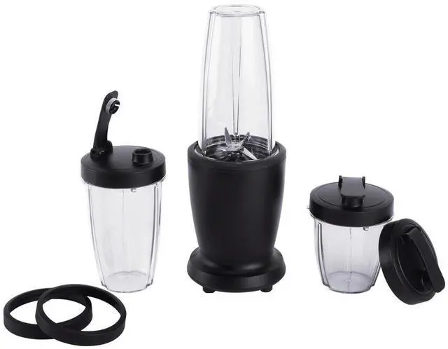 Main image of Mainstays 10-Piece Blender Set, Black, 300W, with 3 Jars (10oz, 16oz, 18oz), 2 Drinking Lids, Stainless Steel Blade