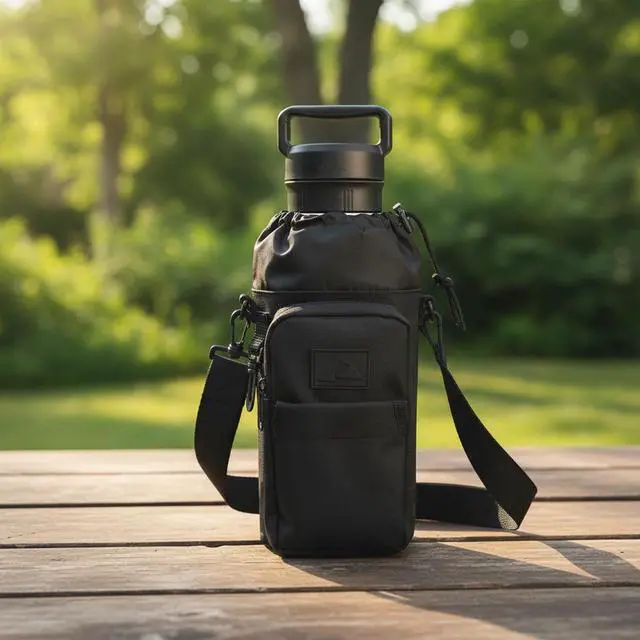 Alt view image 5 of 6 - Ozark Trail 32-40 fl oz Water Bottle Sling with Shoulder Strap and Front Zipper Pocket, Black
