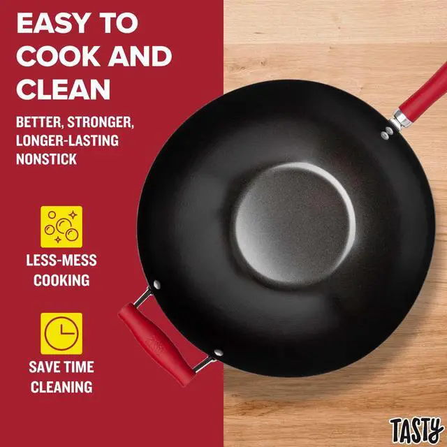 Alt view image 3 of 6 - Tasty 14 Carbon Steel Wok, Non-Stick Flat Bottom Stir Fry Pan with Silicone Handle