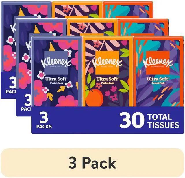 Main image of (3 pack) Kleenex On-The-Go 3-Ply Facial Tissues, 3 Pack (30 Total Tissues)