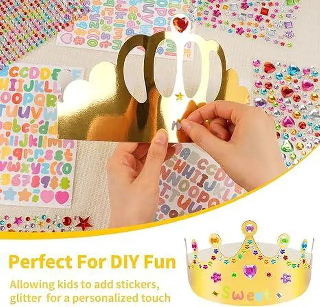 Alt view image 2 of 5 - Gold Paper Crowns, 15 Pcs DIY Birthday Party Crowns with Gem Stickers