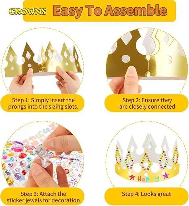 Alt view image 4 of 5 - Gold Paper Crowns, 15 Pcs DIY Birthday Party Crowns with Gem Stickers