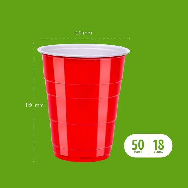 Alt view image 3 of 5 - Amazon Basics Sturdy Disposable Plastic Party Cups for Cold Drinks, Red, 18oz, 50 Count, BPA-Free