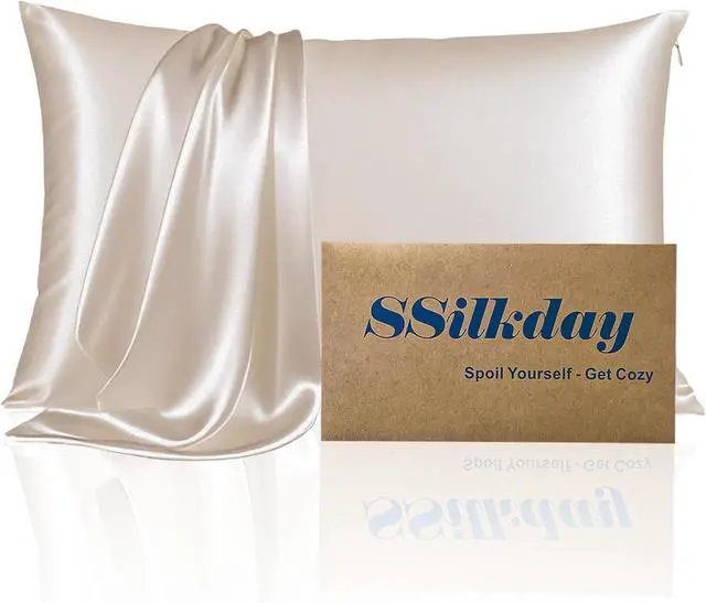 Main image of Mulberry Silk Pillow Cases with Zipper, Ultra Smooth Soft Breathable Cooling Pillow Cases for Hot Sleepers, Silk Satin Pillowcase for Hair and Skin, Gifts for Women (Beige, Standard Size, 1 Pack)