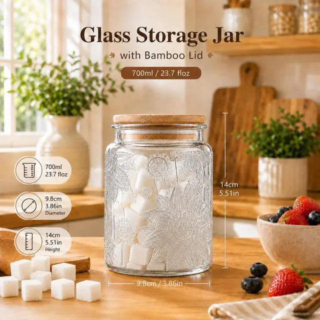 Alt view image 3 of 6 - Custde Vintage Glass Jar With Lid, 23oz Sealed Food Storage Container for Sugar, Coffee, Tea, Spices, Flour, Cookies, Pasta, Cereal, Decorative Jar (Sunflower*1)
