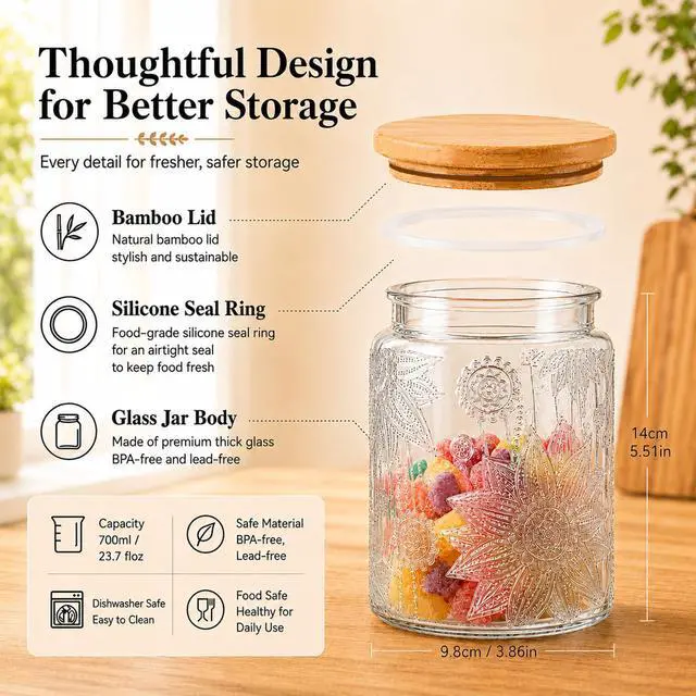 Alt view image 2 of 6 - Custde Vintage Glass Jar With Lid, 23oz Sealed Food Storage Container for Sugar, Coffee, Tea, Spices, Flour, Cookies, Pasta, Cereal, Decorative Jar (Sunflower*1)