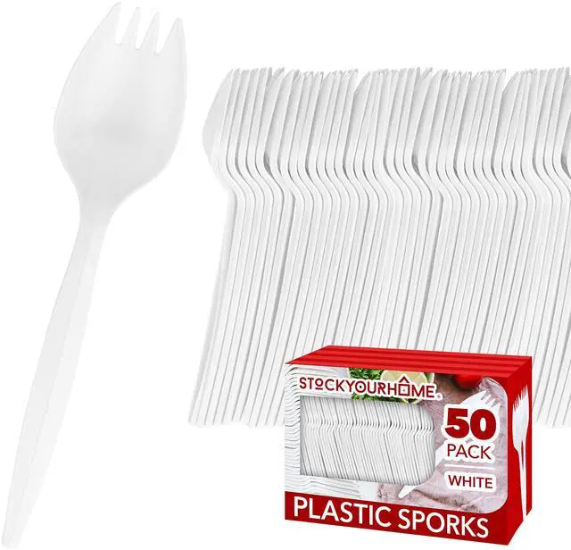 Main image of White Plastic Disposable Forks 50-Pack - BPA-Free 2-in-1 Heavy Duty Fork Spoon for School Lunch, Picnic, Catering, Restaurant, Birthday Party
