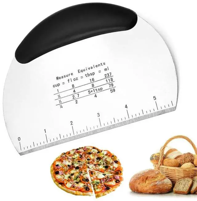Main image of Stainless Steel Dough and Pastry Scraper Chopper Pizza Cutter with Measuring Scale and Ergonomic Rubber Non-Slip Handle, Multifunctional Professional Heavy Duty, Black, 1