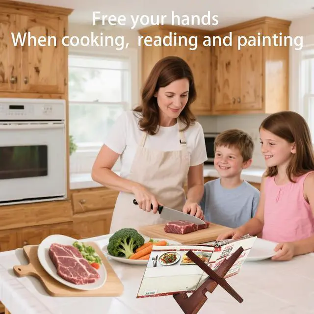 Alt view image 7 of 7 - 600-Page Capacity Rustic Wooden Recipe Book Holder, Adjustable Detachable Kitchen Counter Stand for Recipes and Tablets