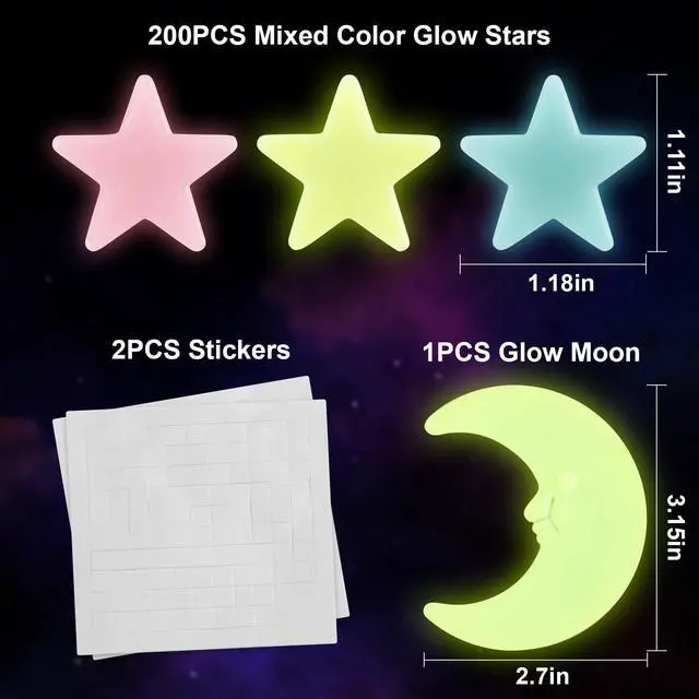 Alt view image 3 of 6 - MAQIHAN 200 Glow In The Dark Stars And Moon Stickers For Ceiling, Plastic Space Galaxy Wall Decals For Bedroom