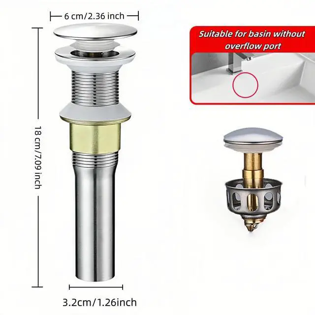 Alt view image 4 of 6 - Pop-Up Sink Drain for Non-Overflow Basin, Stainless Steel, Hair Catcher, 7.1Inch, Brushed Nickel (No Hole)