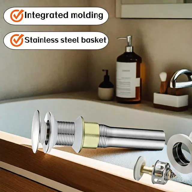 Alt view image 2 of 6 - Pop-Up Sink Drain for Non-Overflow Basin, Stainless Steel, Hair Catcher, 7.1Inch, Brushed Nickel (No Hole)