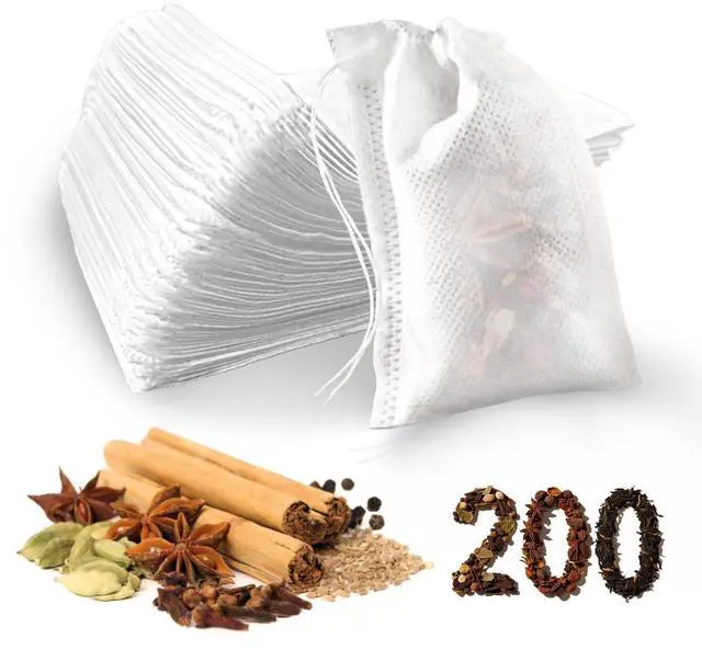 Main image of 200 Count Disposable Tea Filter Bags with Drawstring, Natural Material, for Loose Leaf Tea, Spices, Herbs, 3.5 x 2.75 Inches