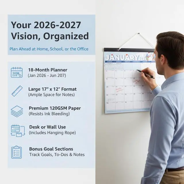 Alt view image 3 of 7 - 2026-2027 Calendar January 2026 - June 2027 Large 43.18cm x 30.48cm Desk/Wall Monthly Calendar for Home, School or Office