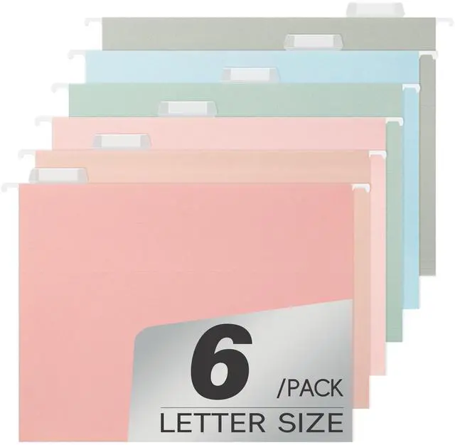 Main image of Hanging File Folders, Letter Size, Assorted Pastel Colors, 6-Pack, 1/5 Cut Tabs, Heavy Duty, 2.54cm Expansion