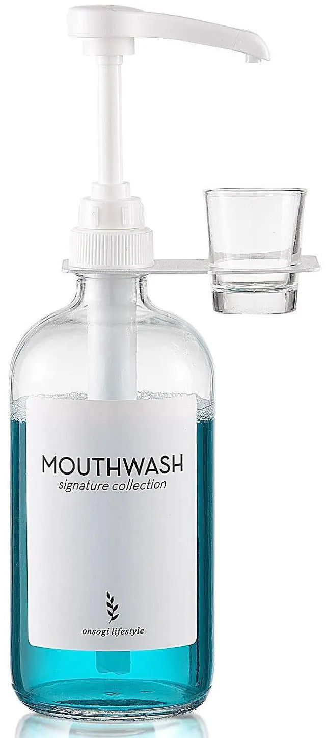 Main image of Glass Mouthwash Dispenser with Cup Holder and Pump, 16 Oz, Rustic Boho for Bathroom Farmhouse Decor, 1 Pack Clear