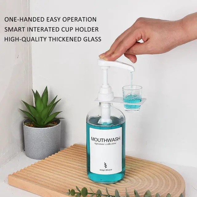 Alt view image 5 of 6 - Glass Mouthwash Dispenser with Cup Holder and Pump, 16 Oz, Rustic Boho for Bathroom Farmhouse Decor, 1 Pack Clear
