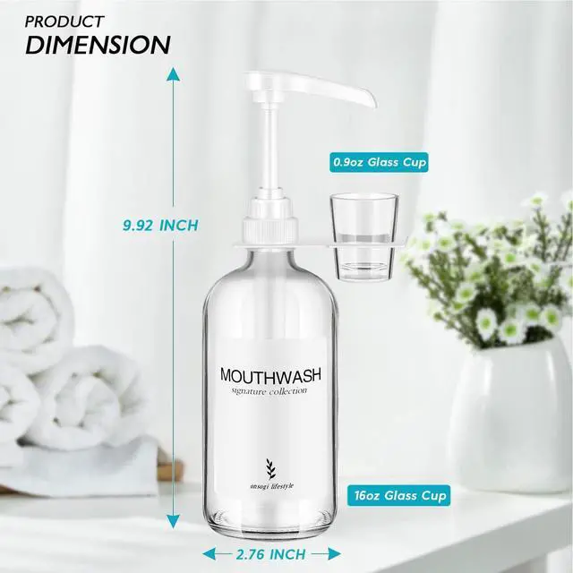 Alt view image 3 of 6 - Glass Mouthwash Dispenser with Cup Holder and Pump, 16 Oz, Rustic Boho for Bathroom Farmhouse Decor, 1 Pack Clear