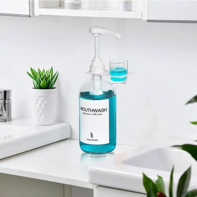 Alt view image 6 of 6 - Glass Mouthwash Dispenser with Cup Holder and Pump, 16 Oz, Rustic Boho for Bathroom Farmhouse Decor, 1 Pack Clear