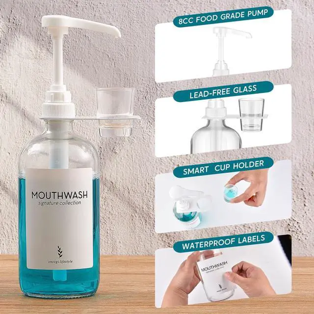 Alt view image 4 of 6 - Glass Mouthwash Dispenser with Cup Holder and Pump, 16 Oz, Rustic Boho for Bathroom Farmhouse Decor, 1 Pack Clear