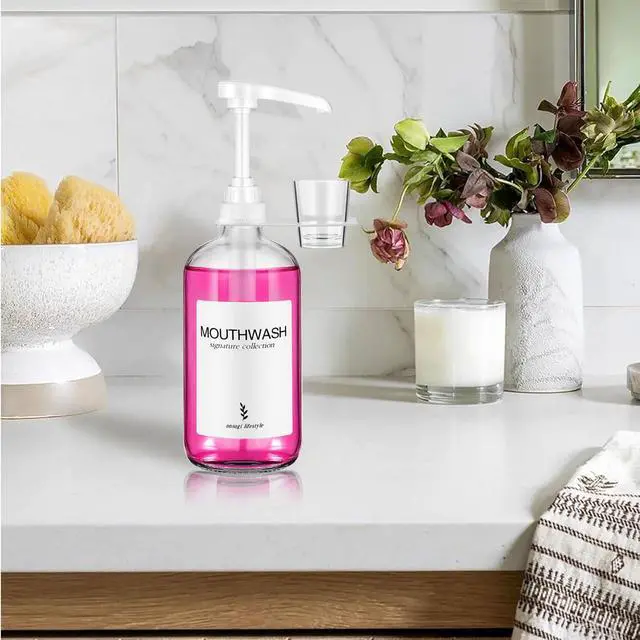 Alt view image 2 of 6 - Glass Mouthwash Dispenser with Cup Holder and Pump, 16 Oz, Rustic Boho for Bathroom Farmhouse Decor, 1 Pack Clear
