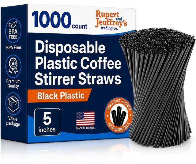 Main image of 5 Inch Slim Plastic Coffee Stirrers and Cocktail Straws, Black, 1,000 Count
