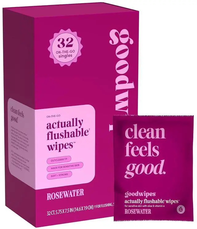 Main image of Goodwipes Rosewater Flushable Wipes, Individually Wrapped Travel Wipes, pH Balanced for Feminine Hygiene, 32 Count (1 Pack)