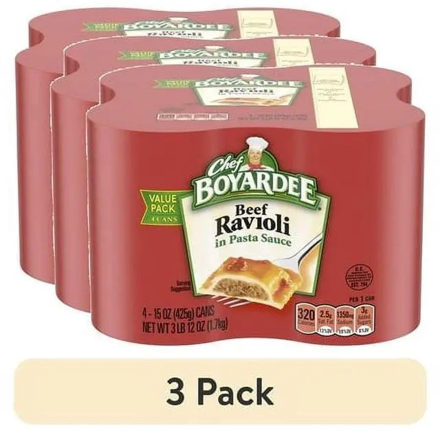 Main image of Chef Boyardee Beef Ravioli in Pasta Sauce, Ready-to-Eat Meal, 15 oz. Can (3 pack) (Pack of 4)