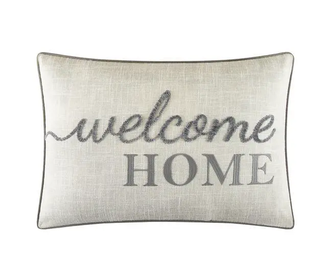 Main image of Mainstays Decorative Pillow, Gray, 14 in x 20 in, Adult, Welcome Home Embroidered Faux Linen